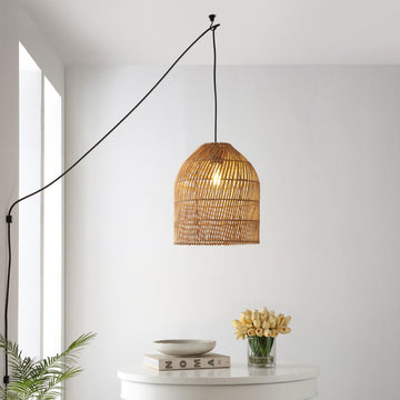 Koda 13" Farmhouse Coastal Bohemian Rattan 180" Cord Plug-In or Hardwired LED Pendant - JONATHAN Y